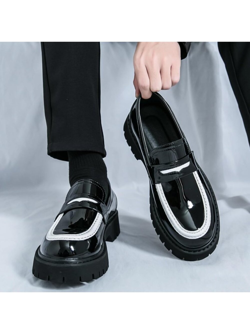 Men's White Black Chunky Platform Loafers Slip On Business Casual Dress Shoes